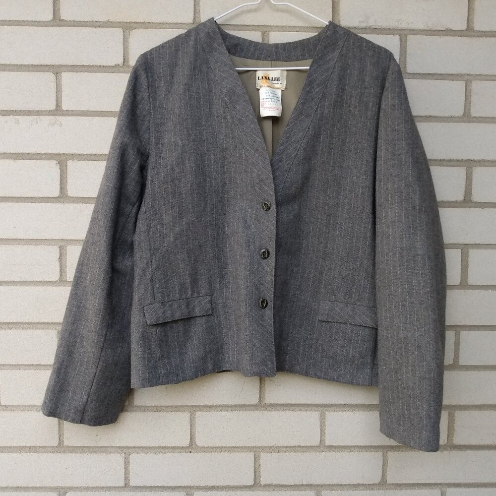 Vintage 80s Gray Pinstripe Blazer Jacket Size 15/16 Wool Blend Union Label